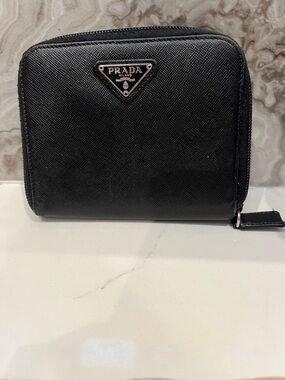Prada Black Saffiano Leathet Zip Around Bifold Wallet